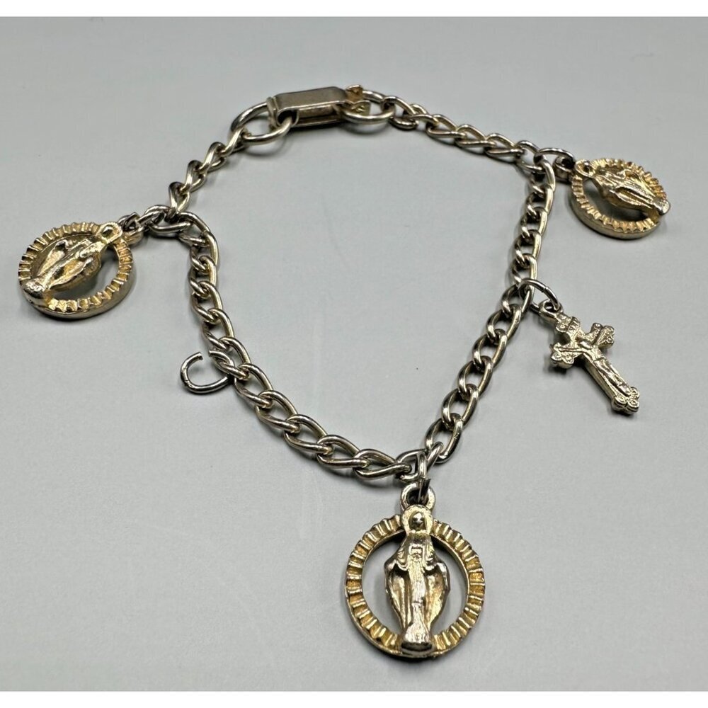 Vintage Religious Charm Bracelet Gold Tone Virgin Mary Cross 6 Inch